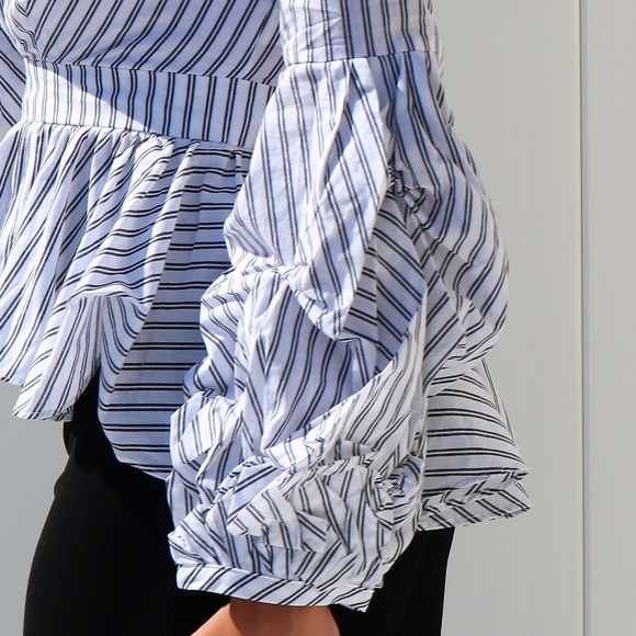 RUFFLE SLEEVE PINSTRIPE BLOUSE - Picture 6 of 8